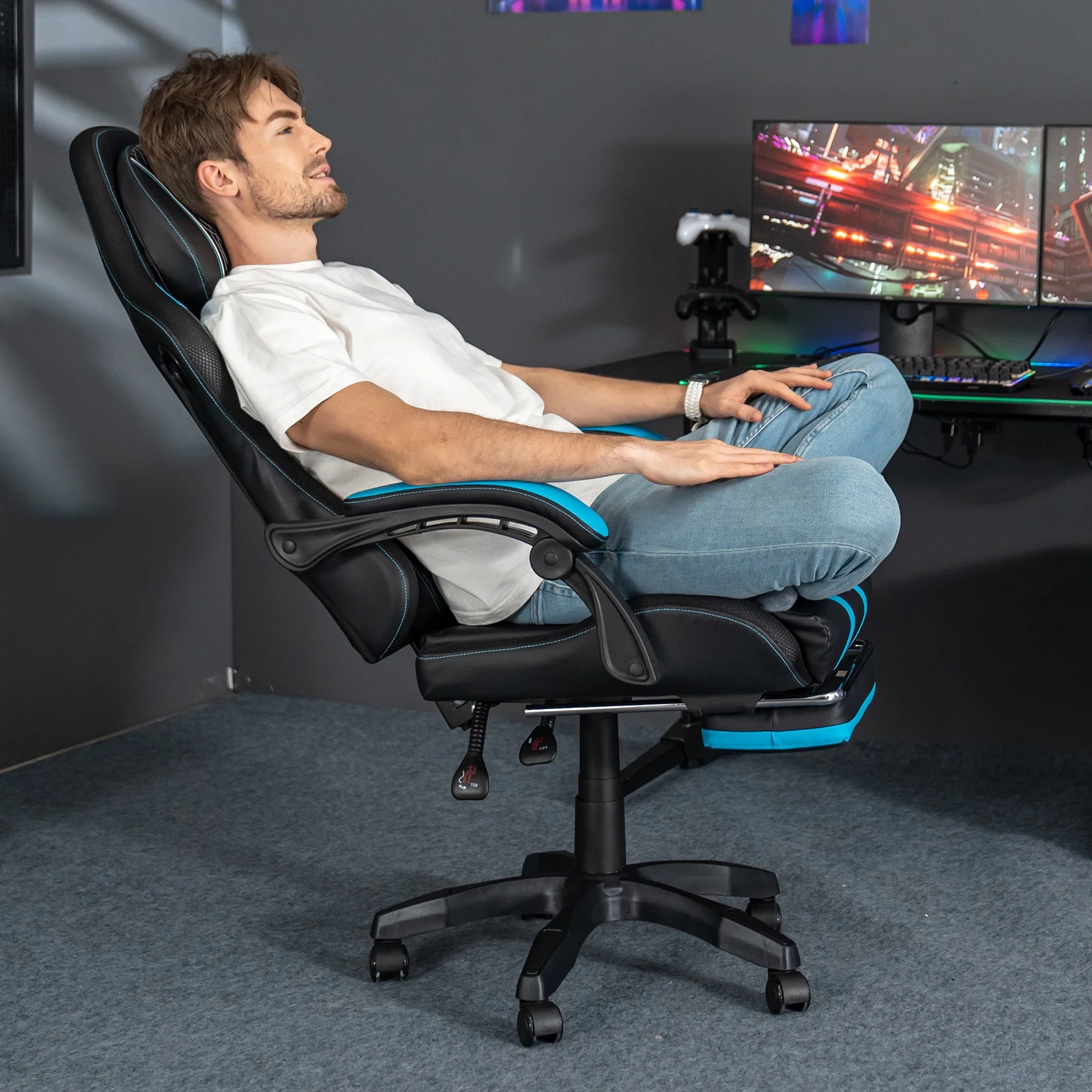 Hoffree Gaming Chair with Bluetooth Speakers Big and Tall Gamer Chair with Footrest and Massage Game Chair with Lumbar Support and 360-Swivel Seat and Headrest for Adults, 400lbs