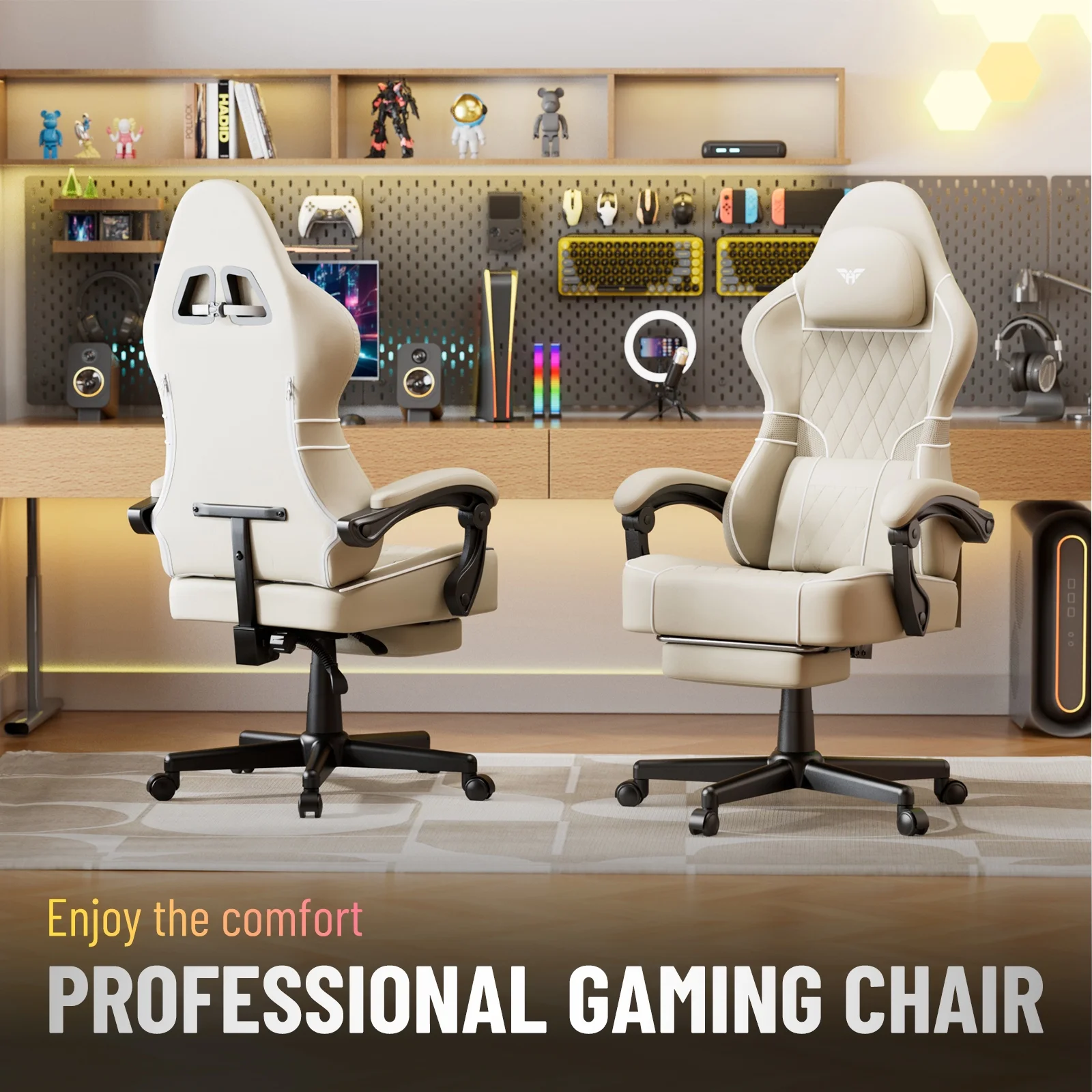 SOONTRANS Gaming Chair for Adults, Velvet Fabric High Back Comfortable Video Game Chair with Footrest and Massage Lumbar Cushion, Racing Computer Desk Chair, Ergonomic Gamer Chair, Black/Grey