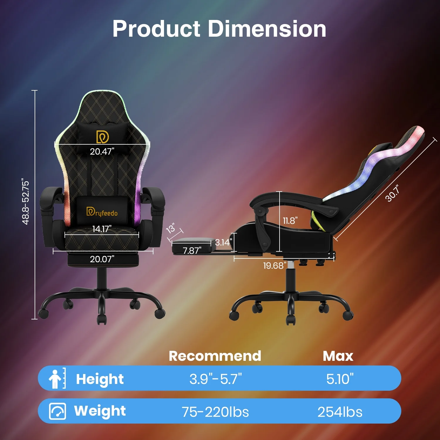 Dryfeedo Gaming Chair with LED Lights, Ergonomic Computer Chair with Lumbar Support, Adjustable Headrest & Footrest, Green