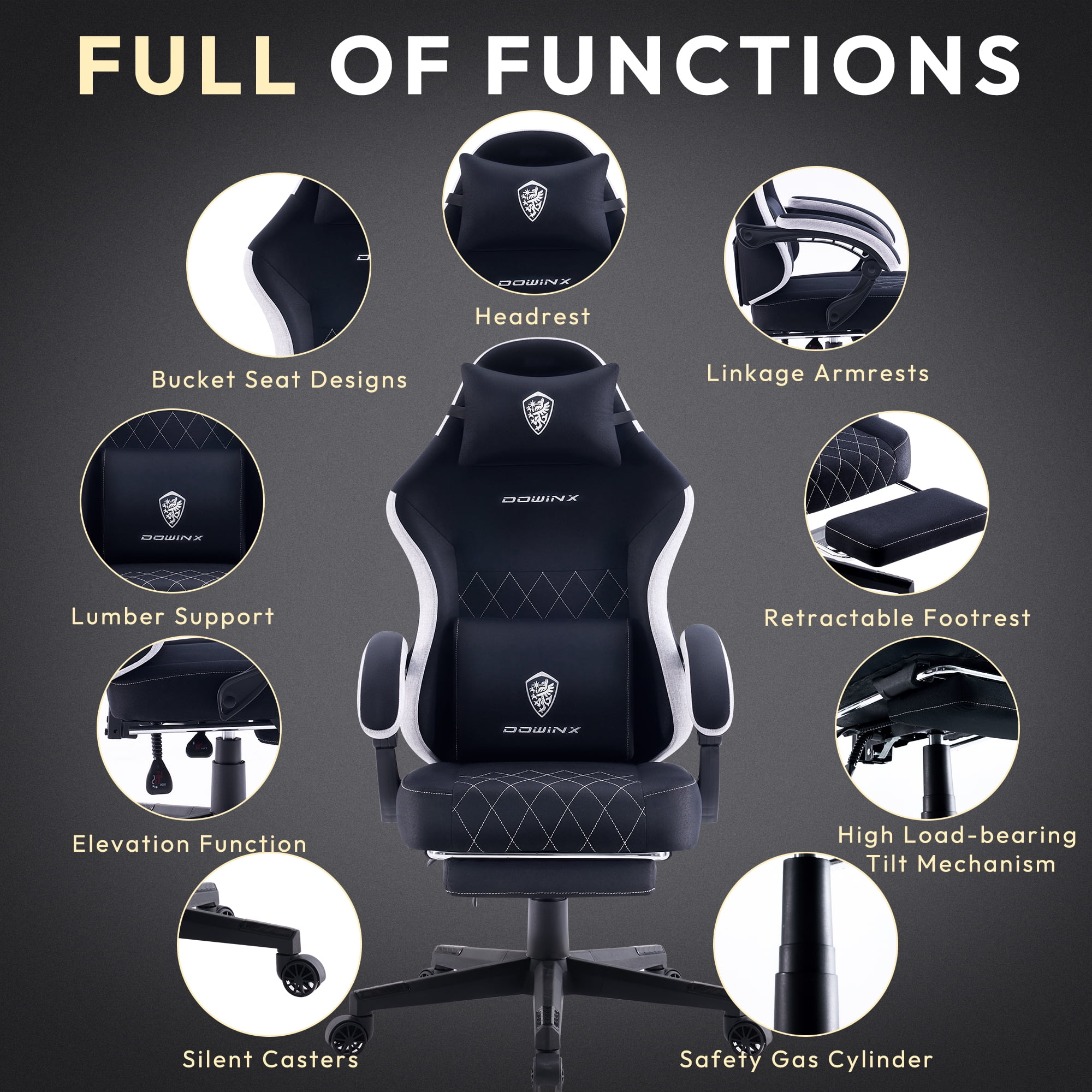 Dowinx Fabric Gaming Chair with Massage Lumbar Support, High Back Ergonomic Computer Chair with Footrest for Adult, Black