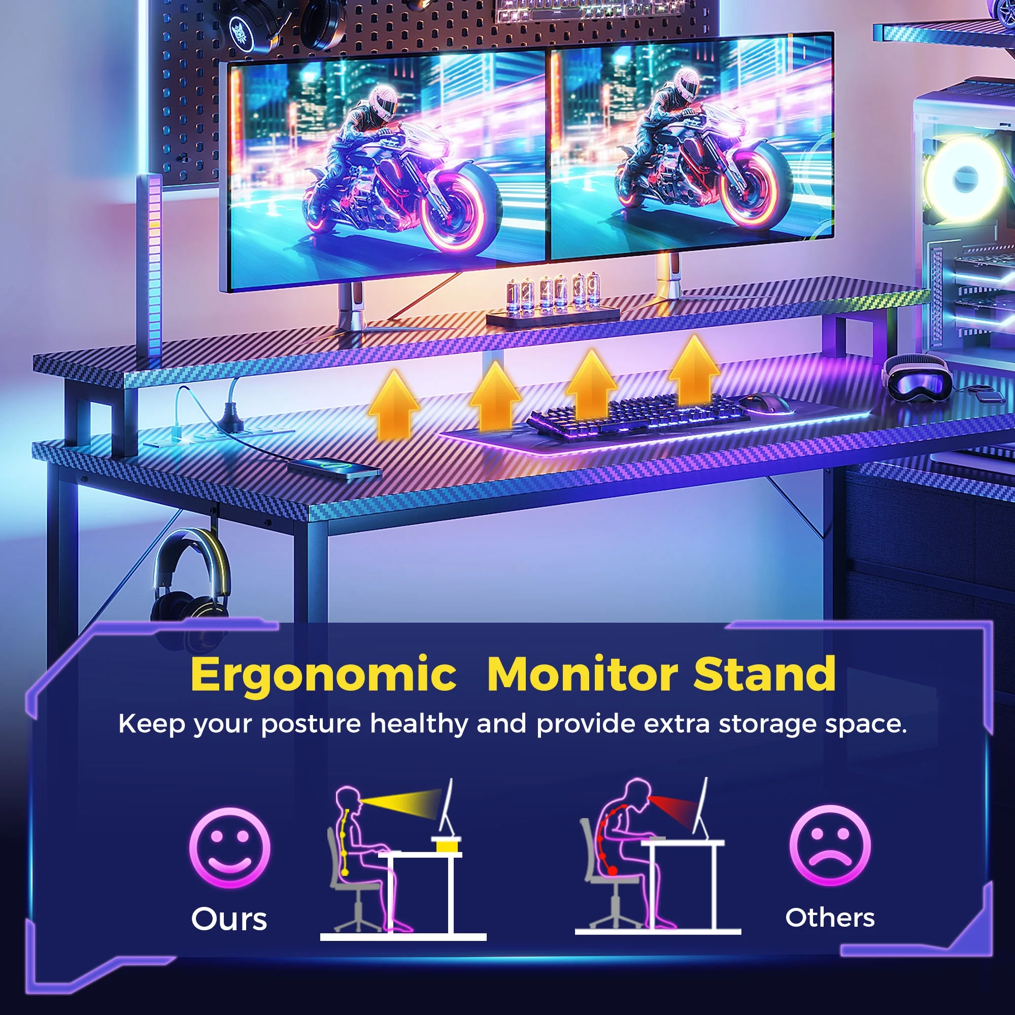 59 inch Gaming Desk with USB Charging Ports & LED Light- Reversible Computer Desk with Storage Shelves & Monitor Stand, Modern Gamer Desk Table with Fabric Drawers & Side Hook, Carbon Fiber Black