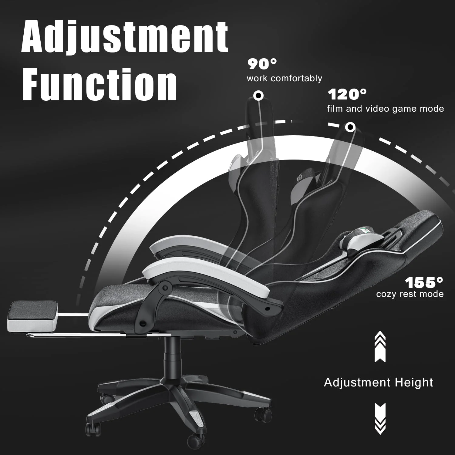 Bigzzia Gaming Chair Office Chair, Ergonomic Game Chair with Height Adjustable Headrest and Lumbar Support for Adults Teens, Black & White