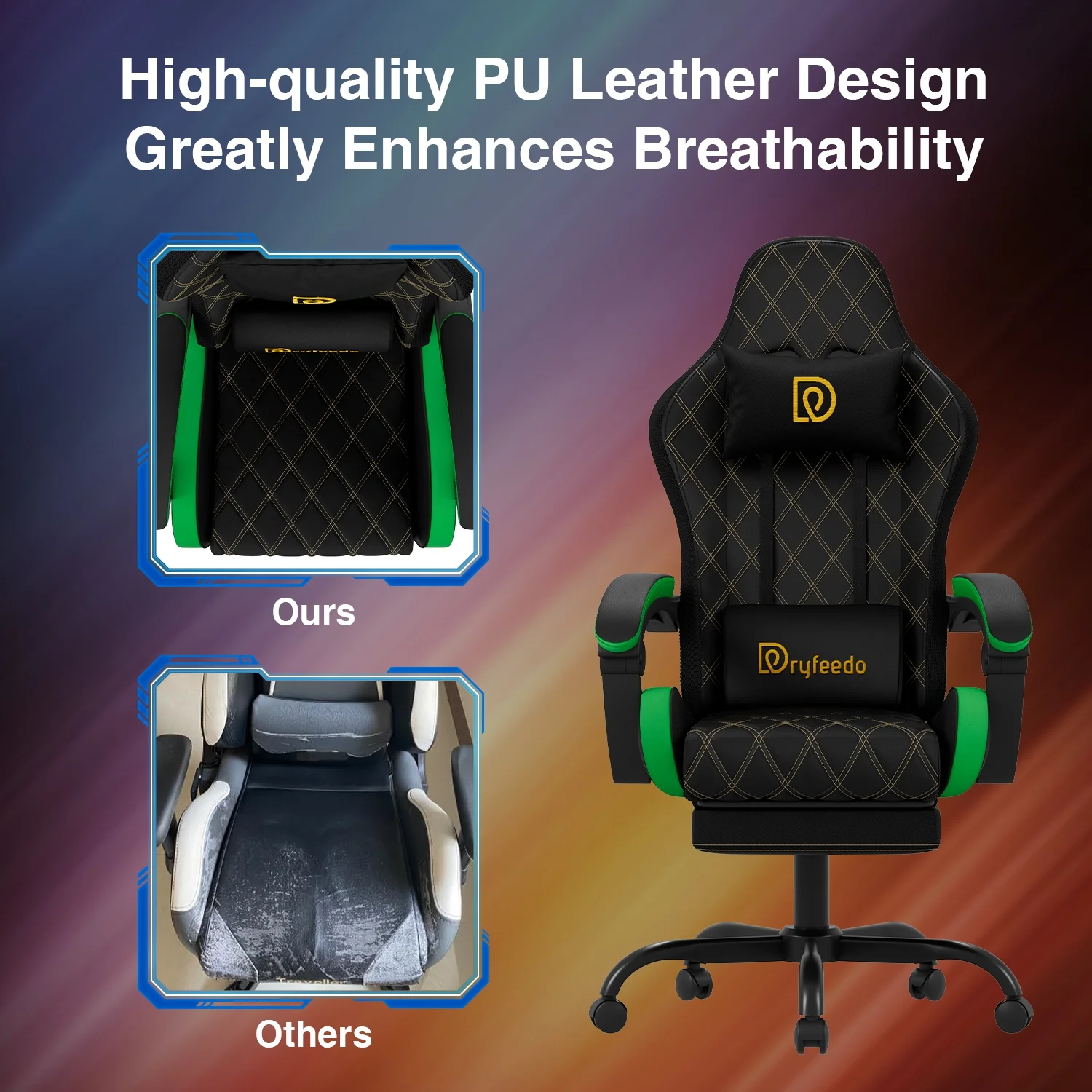 Dryfeedo Gaming Chair with LED Lights, Ergonomic Computer Chair with Lumbar Support, Adjustable Headrest & Footrest, Green