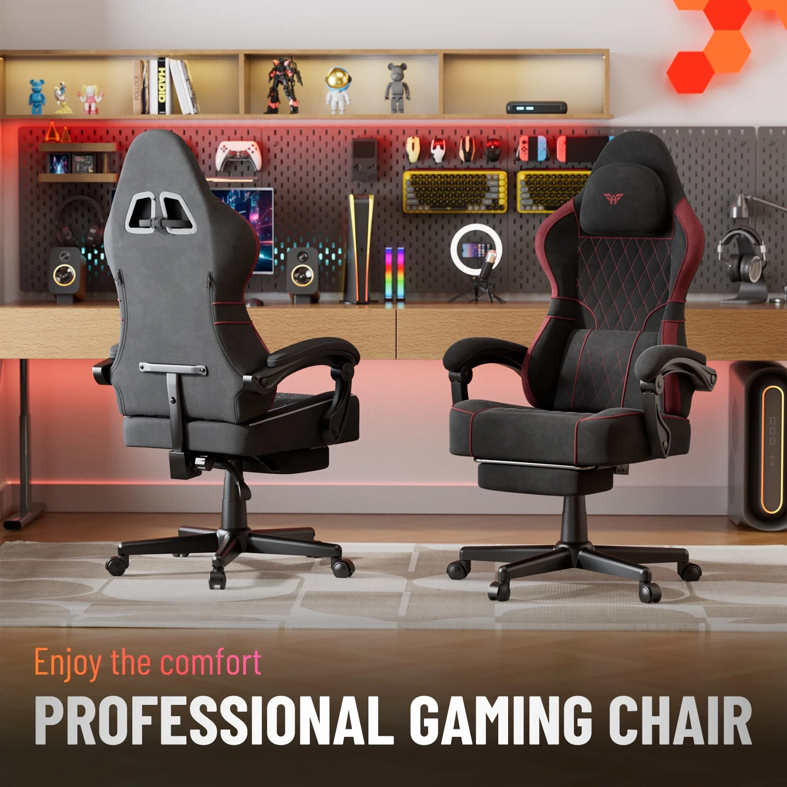 SOONTRANS Gaming Chair for Adults, Velvet Fabric High Back Comfortable Video Game Chair with Footrest and Massage Lumbar Cushion, Racing Computer Desk Chair, Ergonomic Gamer Chair, Black/Grey