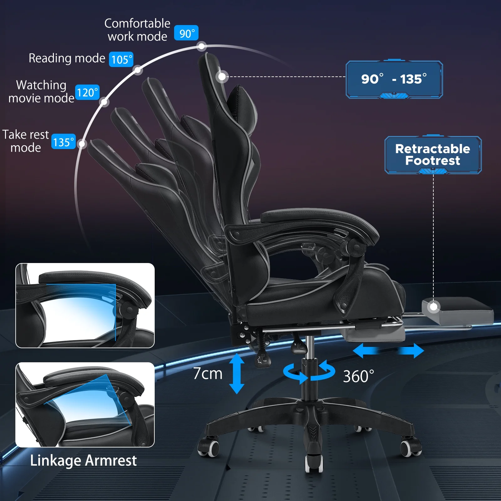 Hoffree Gaming Chair Massage Game Chair with Footrest and Massage Lumbar Support Ergonomic Computer Chair Height Adjustable with Swivel Seat and Headrest
