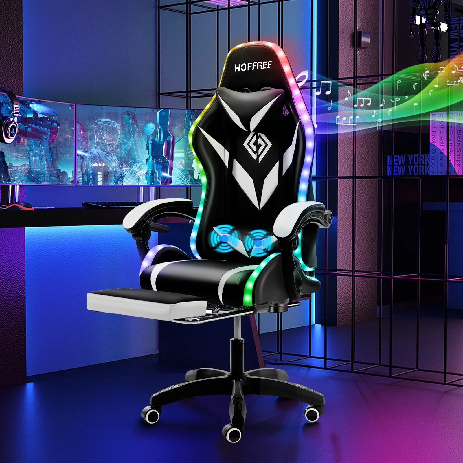 Hoffree Gaming Chair with Speakers PU Leather Office Chair with Footrest and LED Lights Ergonomic Gamer Chair with Massage Lumbar Support and Headrest Adjustable Swivel for Home Office 300lb